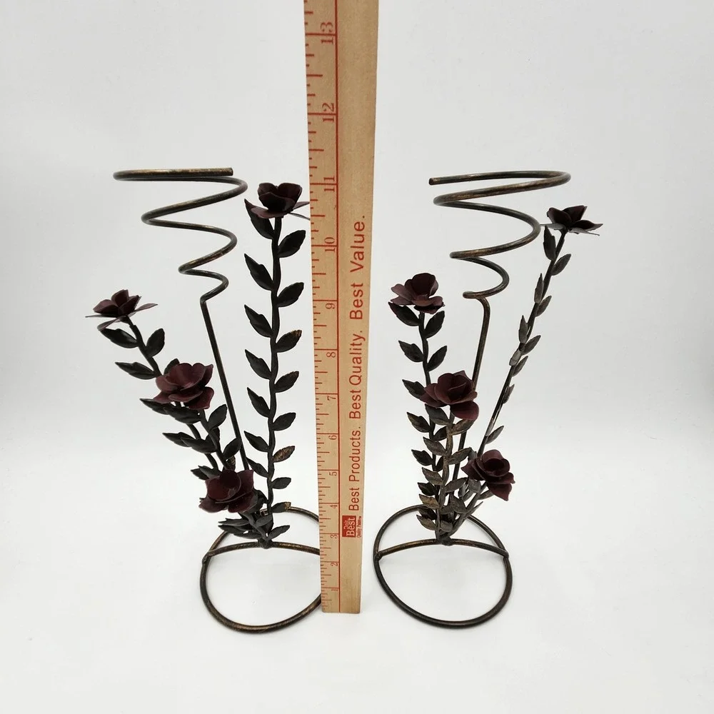 Pair Vtg Metal Rose Flower Votive Candle Holders Spiral Wire Tower Romantic Goth